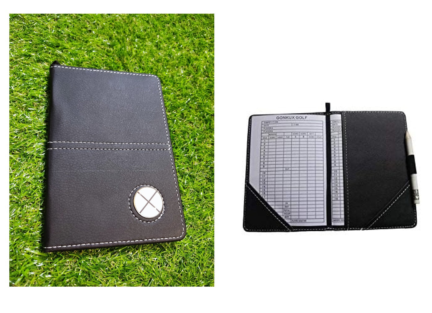 Golf Scorecard Score Card Holder Black PU Leather Magnetic Ball Marker Alignment